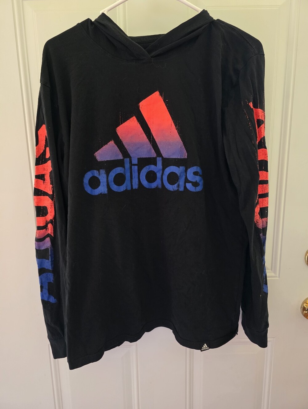 Adidas Black Hoodie with Red-to-Blue Gradient Logo Kids XL